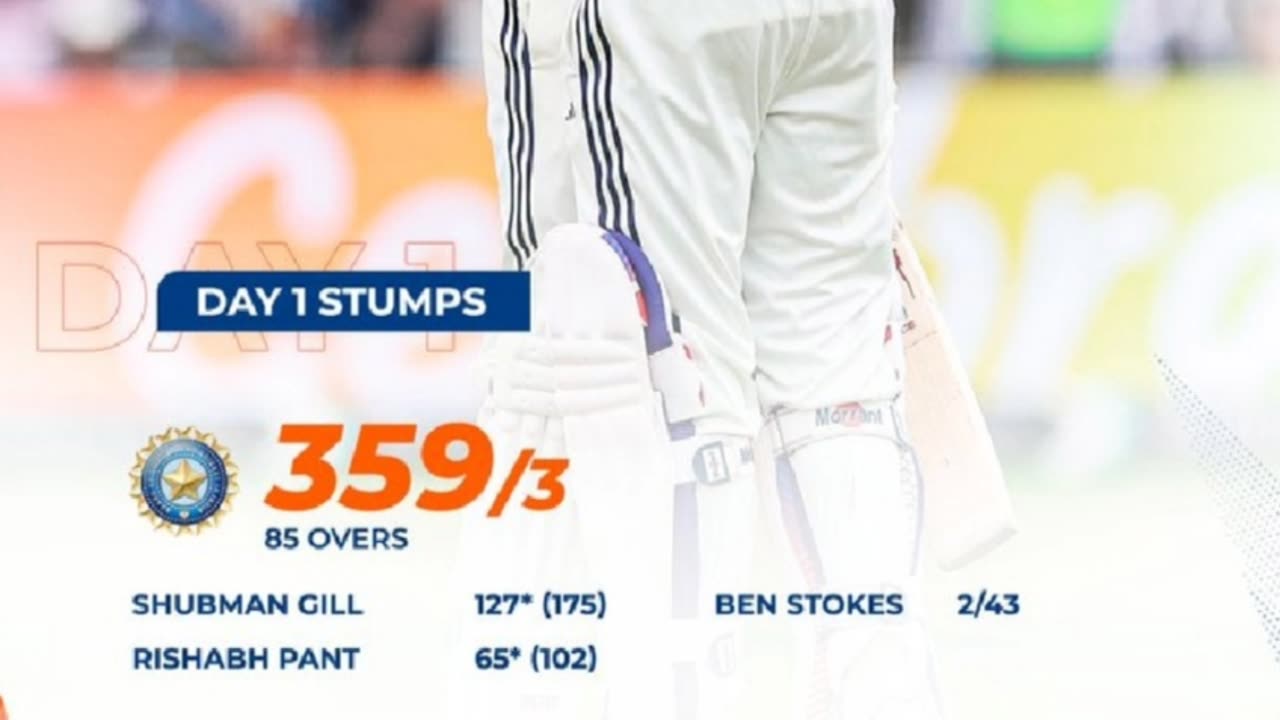 Day 1 India scored 359 runs. Jaiswal 101,Gill 127 not out