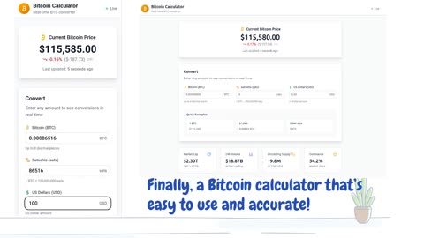 Bitcoin Calculator - real-time Bitcoin price conversions between BTC, Satoshis, and USD