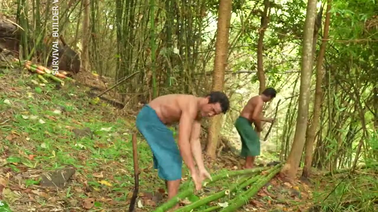 Men are building a house with a swimming pool
