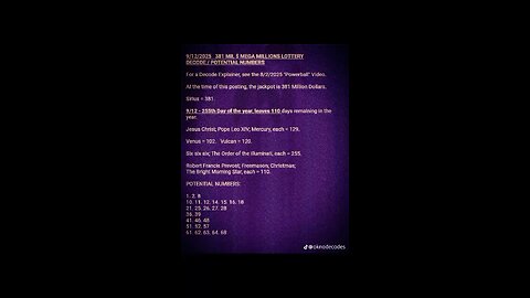 9/12/25 Mega Millions Decode / Potential Numbers. See Description