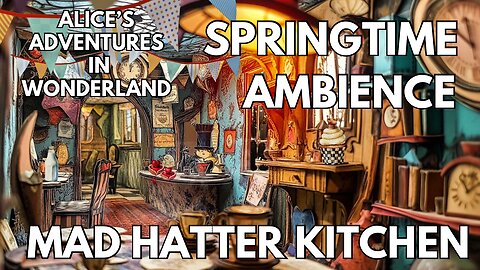 🌸 Mad Hatter Kitchen Ambience | Rain On A Glass Window & Fireplace | 4K Wonderland Springtime ASMR