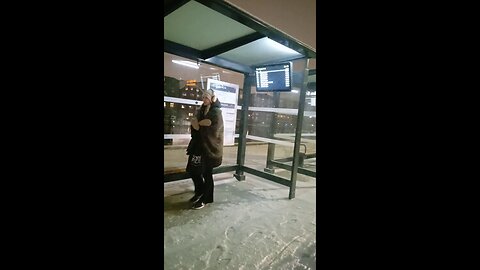 Beautiful woman put a warm blanket over her down jacket so as not to die of cold while waiting for the bus.