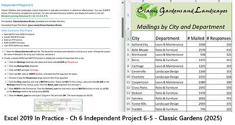 Excel 2019 In Practice - Ch 6 Independent Project 6-5 - Classic Gardens and Landscapes (Update 2025)