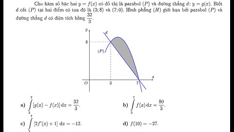 Toán 12: Cho hàm số bậc hai ( y = f(x) ) có đồ thị là parabol (P) và đường thẳng ( d: y = g(x) ).