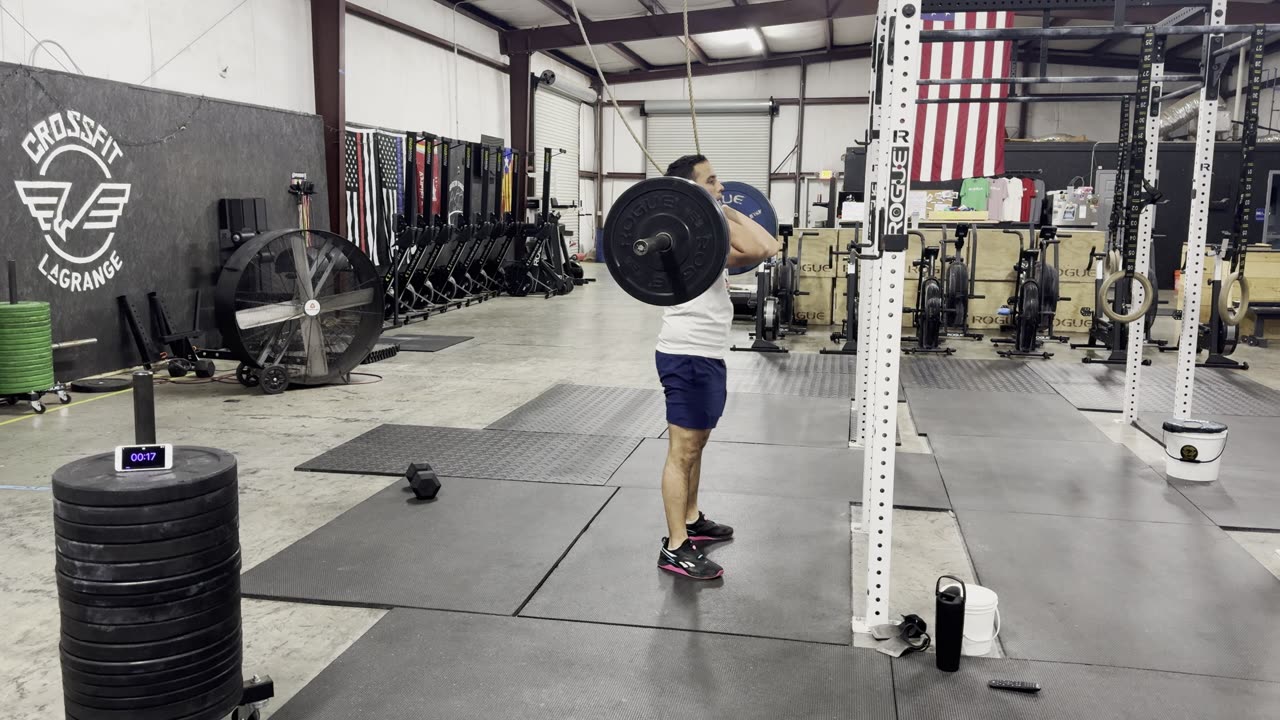 E3MOMx3 12 Front Squats 155lbs; 5Rds 15 Dbx2 Push Press 35s, 10 Db Snatch 35, 5 Shuttles, 25 T2B*