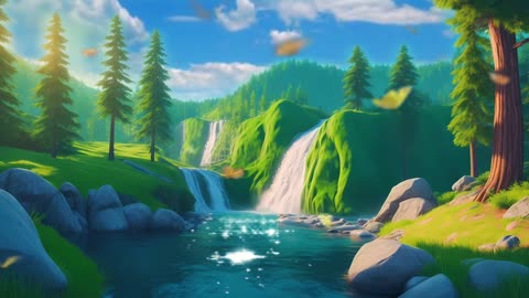 amazing mountain lake and waterfall panorama video animation, anime style