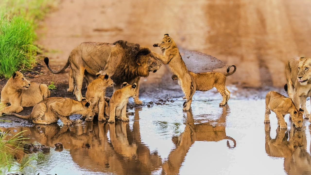 Lion Pride Drinking in the middle of the road
