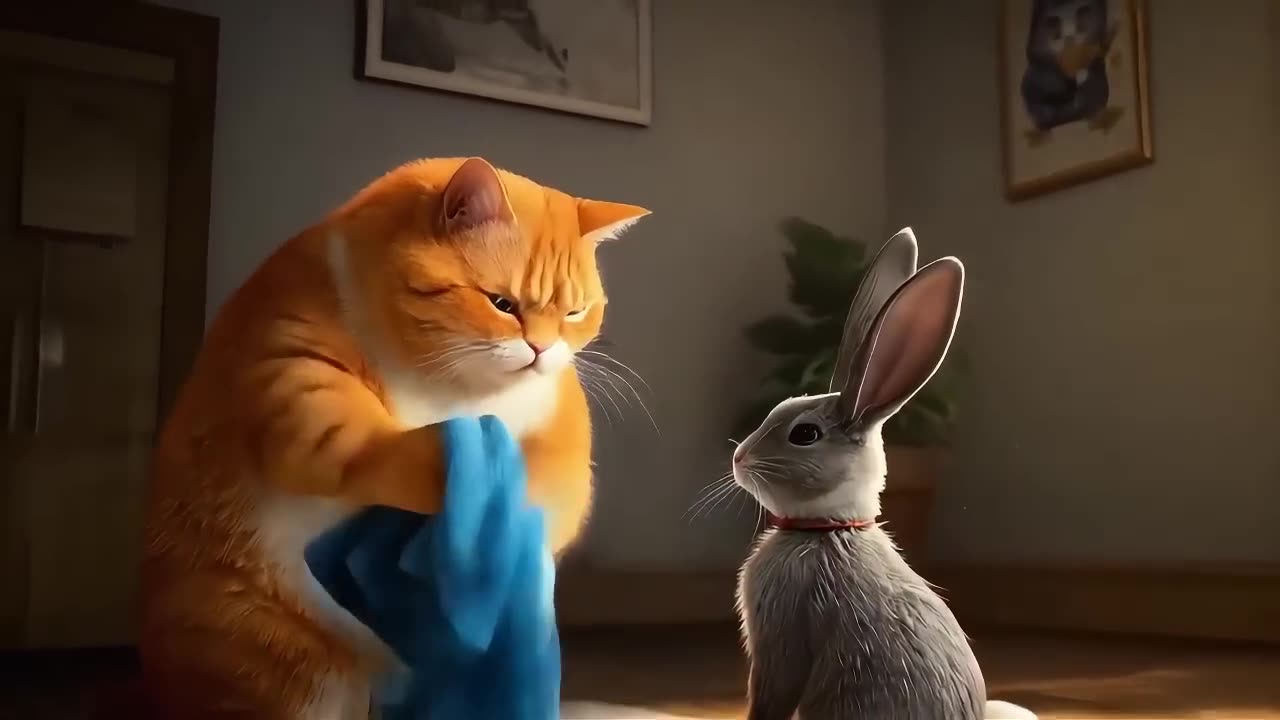 Sweet cat and rabbits😻