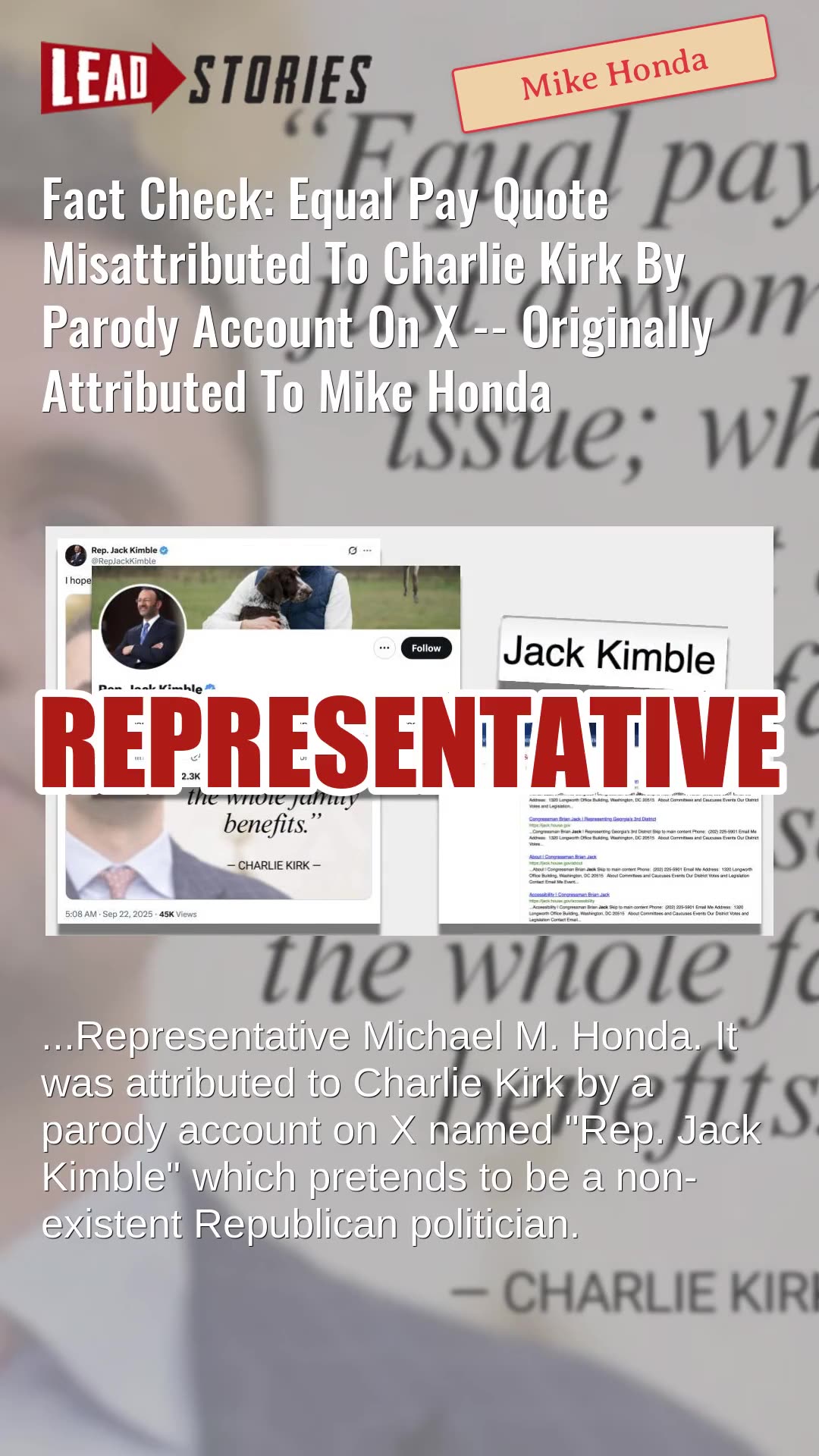 Fact Check: Equal Pay Quote Misattributed To Charlie Kirk By Parody Account On X -- Mike Honda Quote