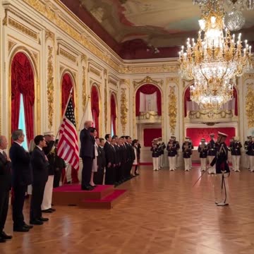 President Donald J. Trump arrives at Akasaka Palace and is greeted by the