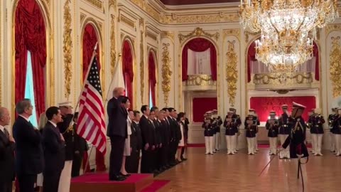 President Donald J. Trump arrives at Akasaka Palace and is greeted by the