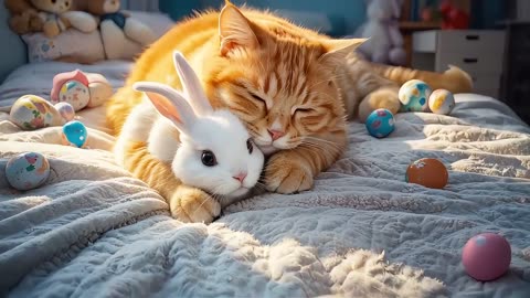cat and rabbits😻