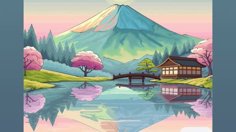 Serene Landscape with Mountains, Cherry Blossom, and Lake Reflection in Pastel Colors