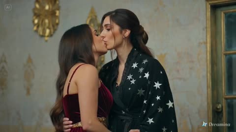 Lesbian kiss between two women in a dressing room