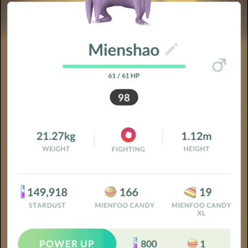 Pokemon Go Evolution - 98% iV Mienfoo ➡️ Mienshao