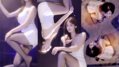 Sexy dancer in white halter bodycon, black stockings, long legs, sheer tease