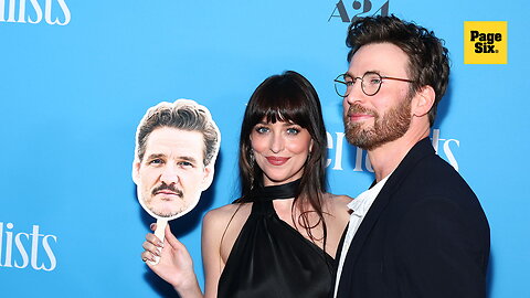 Dakota Johnson and Chris Evans bring cardboard cutout of costar Pedro Pascal to "Materialists" Premiere