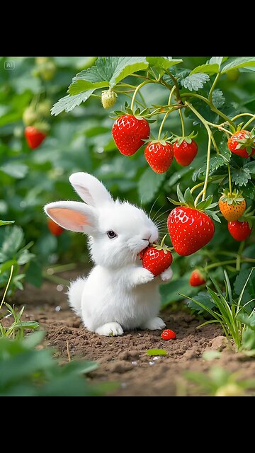 rabbit eating Strawberries satisfying ai video