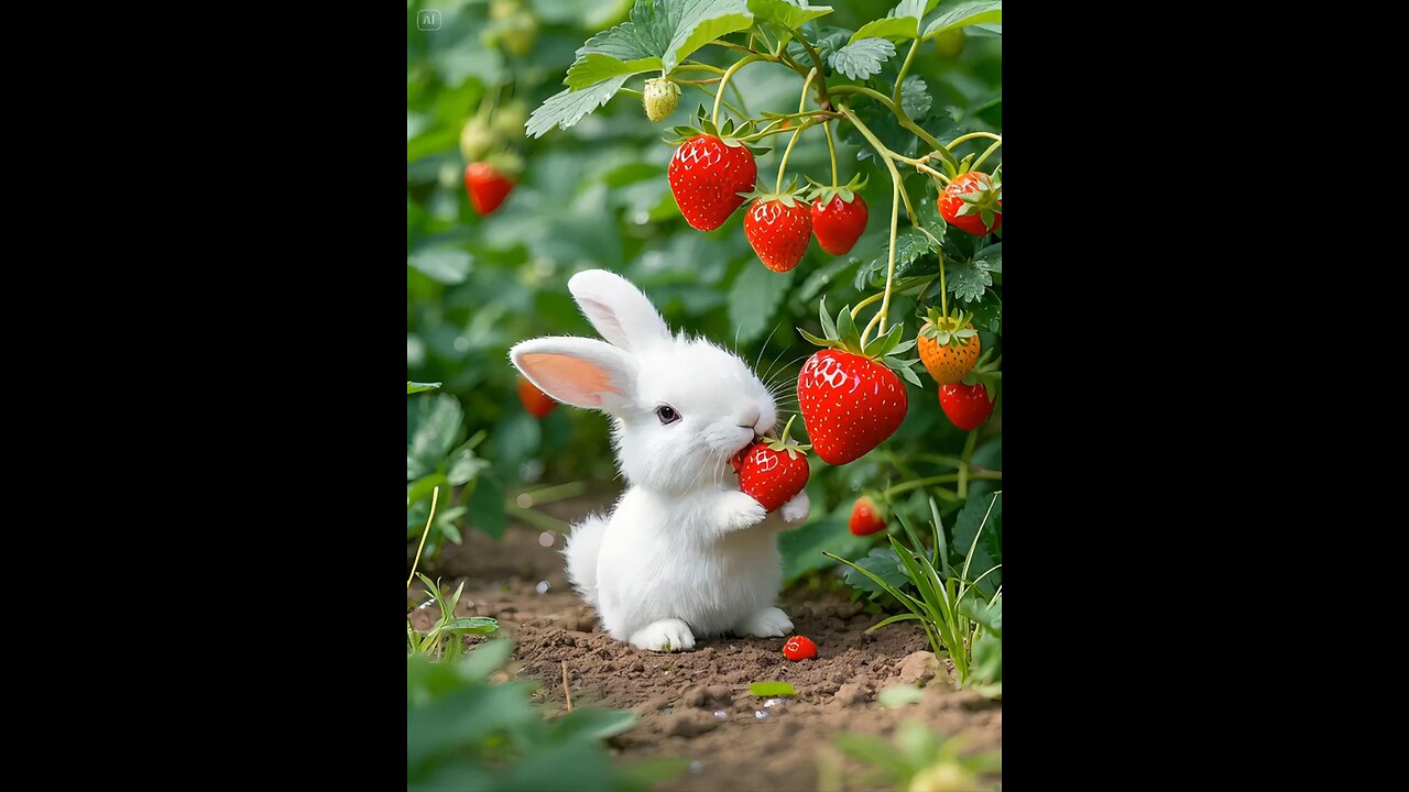 rabbit eating Strawberries satisfying ai video