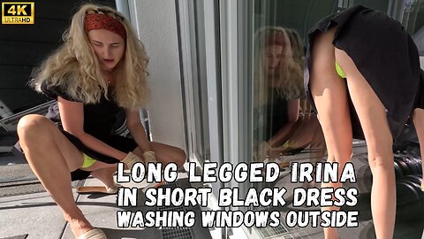 Apartment Girl | Long-legged Irina in a Short Black Dress Washes Windows 4K HD