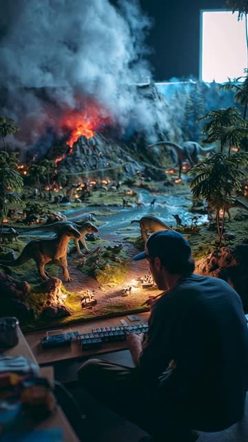 A man is creating a diorama of prehistoric times with an active volcano