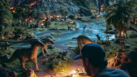 A man is creating a diorama of prehistoric times with an active volcano