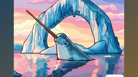 Colorful Narwhal Against Icy Arch and Reflective Waters at Sunset