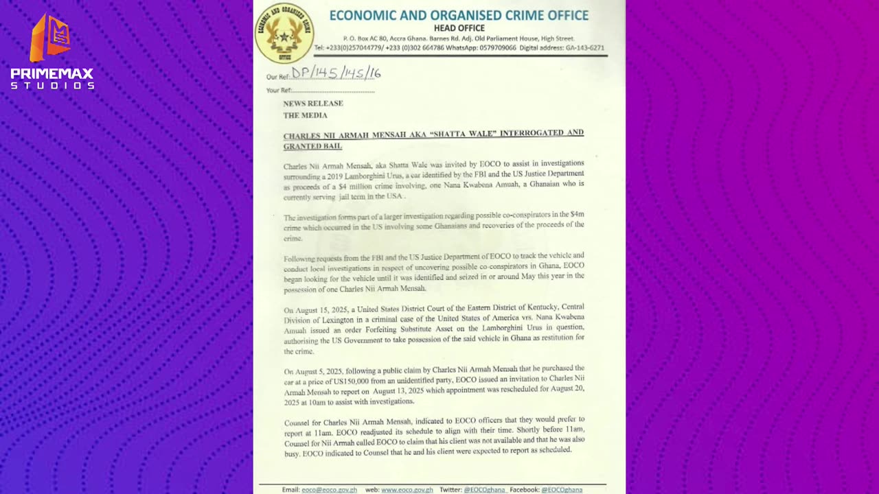 Shatta wale granted Gh10 million bail after detained by the EOCO