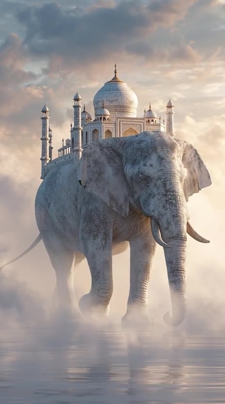 A giant majestic white elephant carrying the Taj Mahal on its back