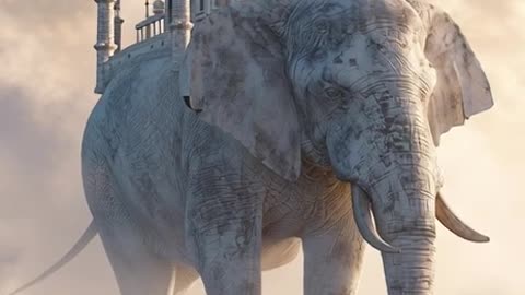 A giant majestic white elephant carrying the Taj Mahal on its back