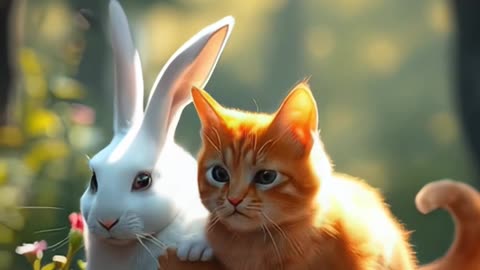 Cute cat saves poor little rabbit cub