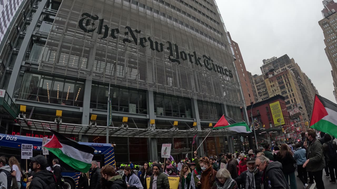 "PALESTINE LAND DAY" in front of The New York Times.