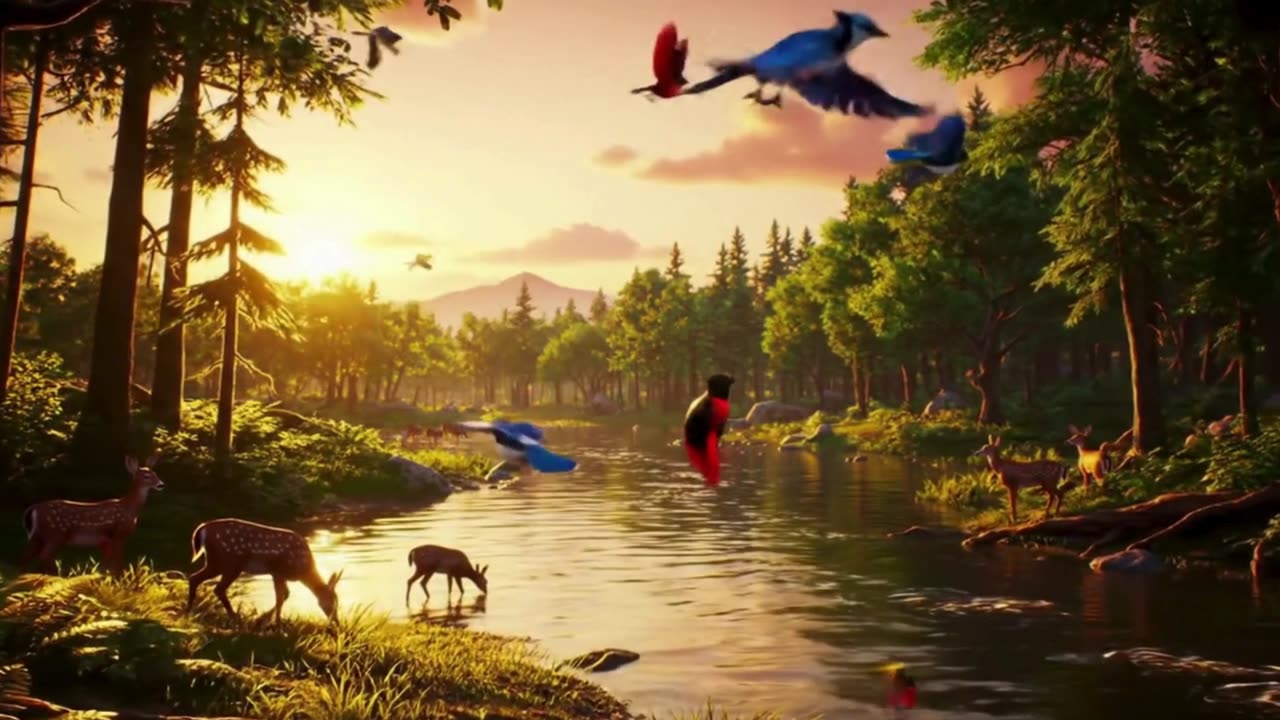 Serene Sunset in a Tranquil Forest: A Journey into Nature’s Beauty"