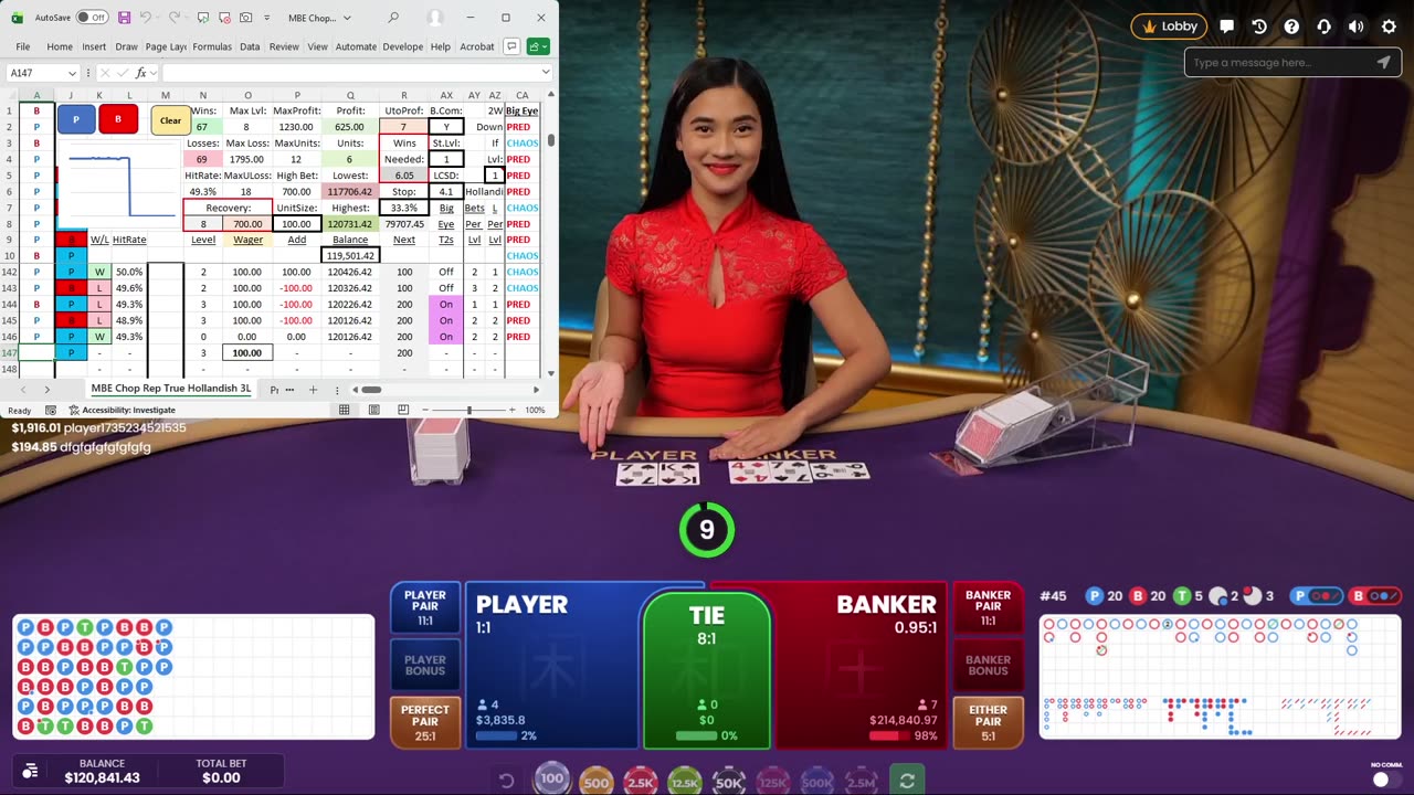 Baccarat - 16 units, 85 min., 51.4% HR, 18 unit drawdown, level 16, MBE Chop Repeat, Hollandish