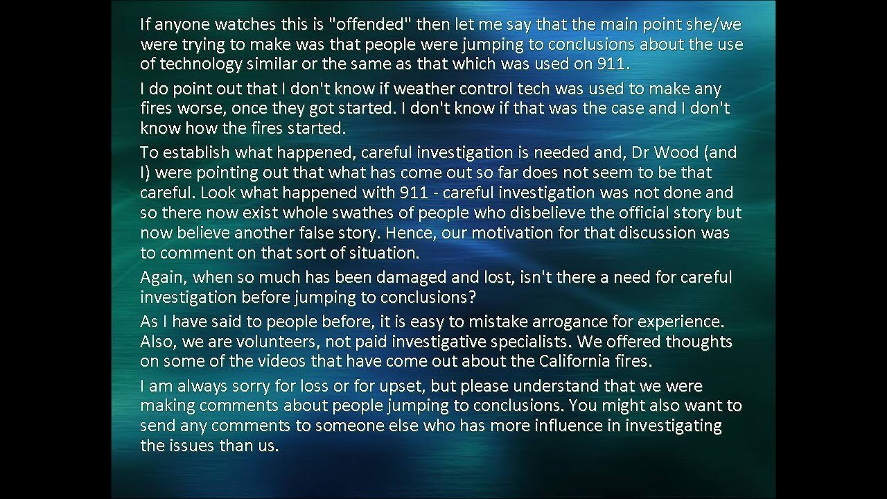 [Oct 17, 2017] Dr Judy Wood talks to Andrew Johnson about California Wildfires [checktheevidence]
