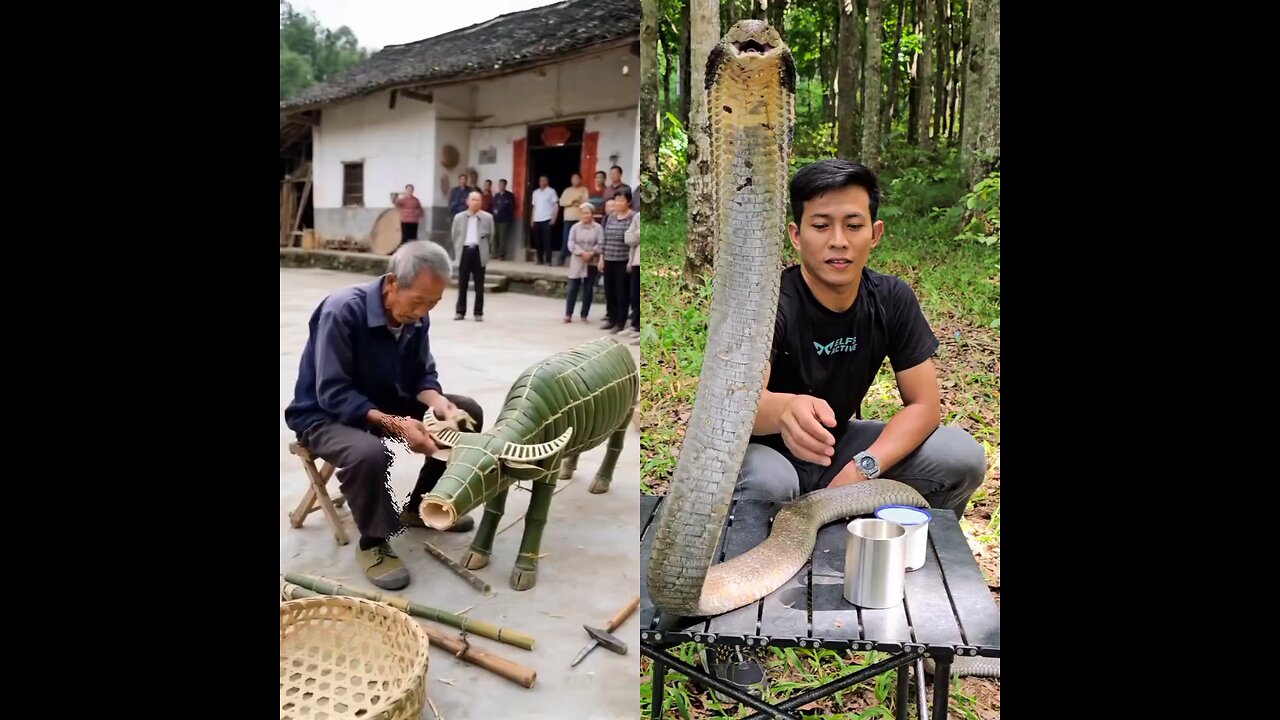 Someone drinks tea in front of a snake; nearby, a bamboo cow is being made.