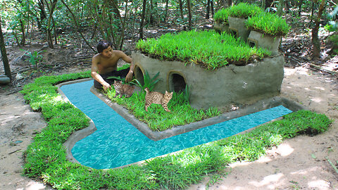 Build mud dog house for rescue puppy and build fish pond around dog house