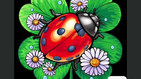 Detailed Illustration of a Ladybug on a Clover Leaf with Flowers