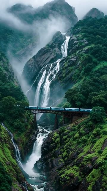 an ultra-realistic 8K cinematic video of Dudhsagar Waterfall in Goa