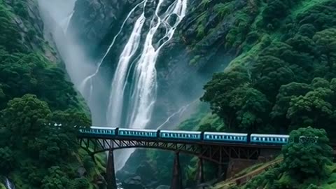 an ultra-realistic 8K cinematic video of Dudhsagar Waterfall in Goa