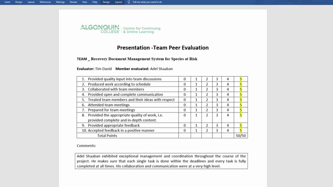 Student Work(Systems Analysis & Design)|24F_CST2234_450 | Team Peer Evaluation Work Video| Algonquin