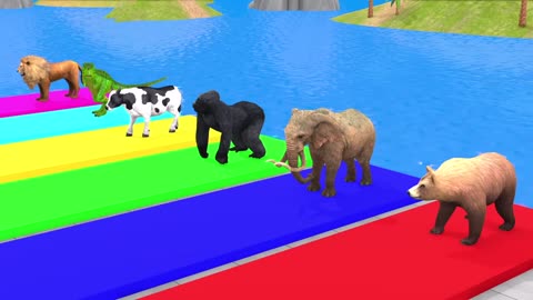 Long Slide Game With Cow Elephant Gorilla Hippopotamus Tiger - 3d Animal Game - Funny 3d Animals