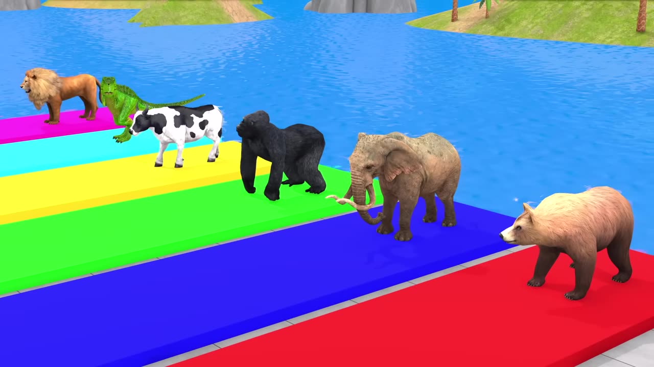 Long Slide Game With Cow Elephant Gorilla Hippopotamus Tiger - 3d Animal Game - Funny 3d Animals