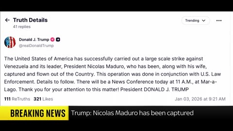 Trump says US captured Venezuela's Maduro and his wife.