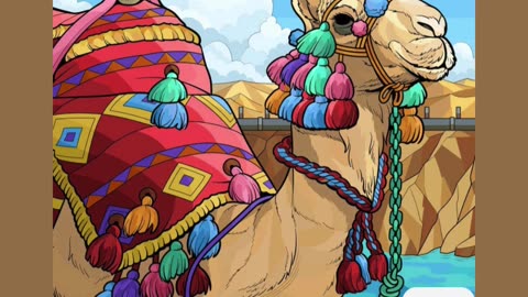 Colorful Camel Decorated with Tassels in a Vibrant Desert Landscape