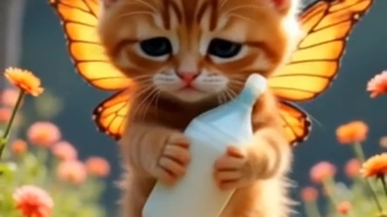 Magical Kitten with Butterfly Wings Holding a Milk Bottle 🐾🦋✨