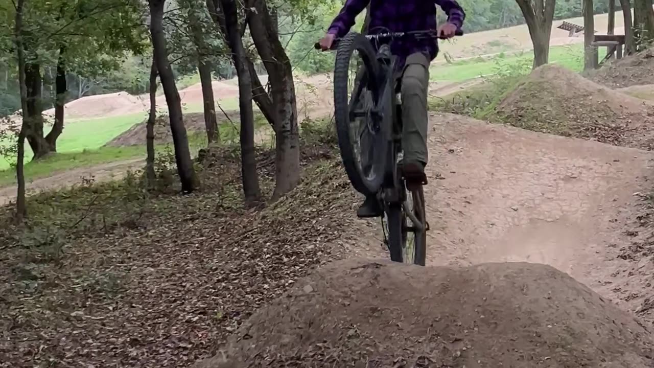 Mountain Biker Jumps in Forest Trail Adventure