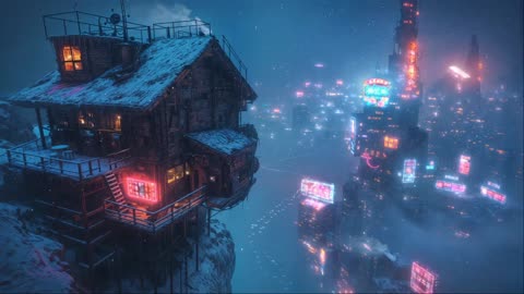 Snowy Cabin Lofi ❄ Chill Beats Above the Neon City Lights
