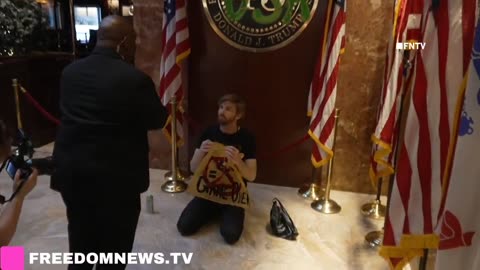 Soyboy Climate activists deface Trump Tower placard with spray paint in NYC