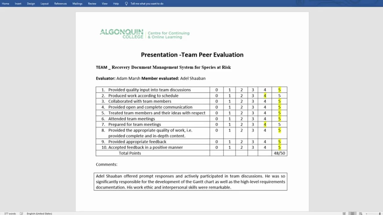 Student Work(Systems Analysis & Design)|24F_CST2234_450 |Team Peer Evaluation Work Video| Algonquin